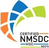 NMSDC Certified MBE 2023 logo featuring abstract shapes in orange, blue, and green.