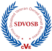 Logo with blue laurel wreath encircling red text: "SDVOSB" and "Service Disabled Veteran Owned Small Business," with "CVE" at the bottom.