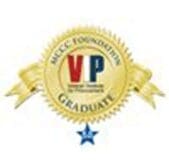 Gold badge with a ribbon, "VP" in red and blue, and reads "MCCC Foundation Graduate." A blue star is at the bottom.